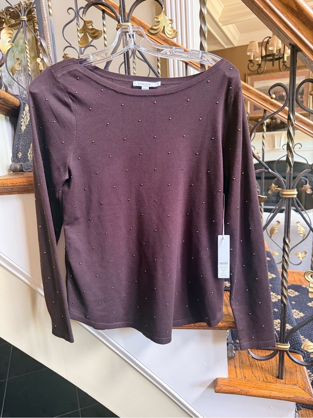 Chico’s NWT Pullover Sweater Studded Bateau . Cocoa Bean. Size 0